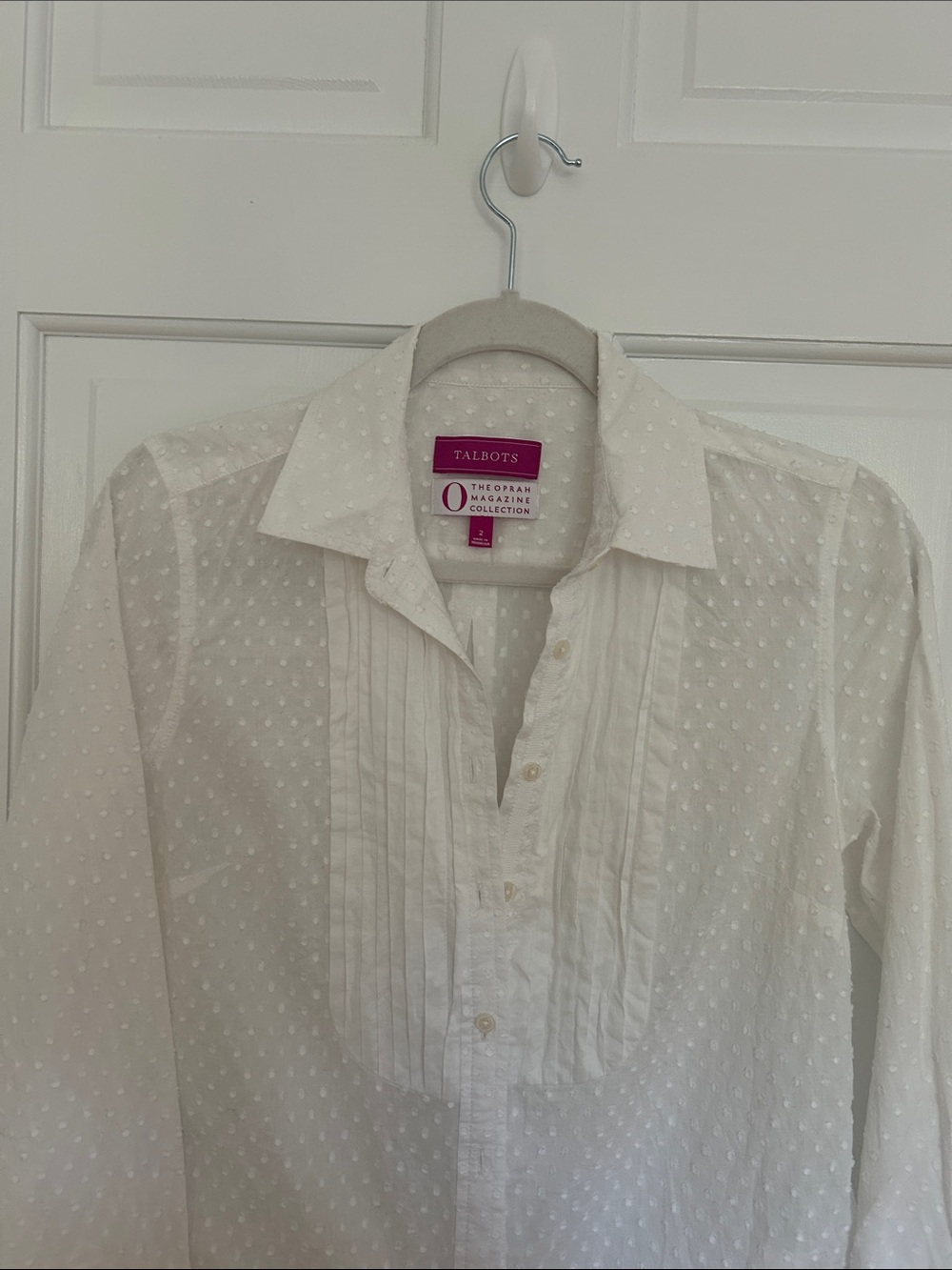 Talbots x The Oprah Magazine Collection White Swiss Dot Pin-Tuck Blouse Size2